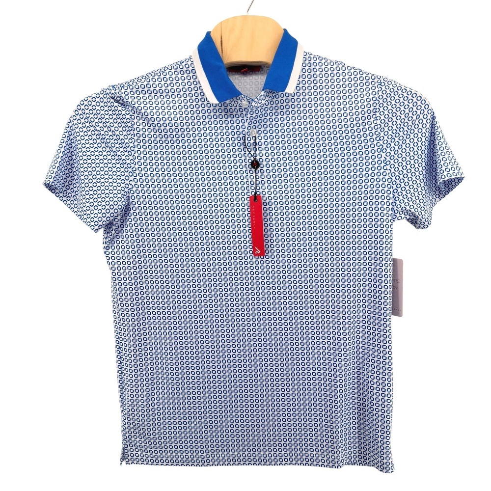 NEW REDVANLY Devine Polo Mens Medium Short Sleeve Marine Blue Geometric R2504